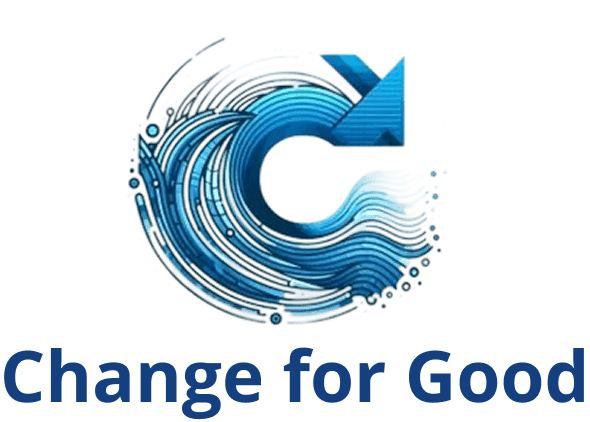 A circular blue wave logo with an arrow, symbolizing change.